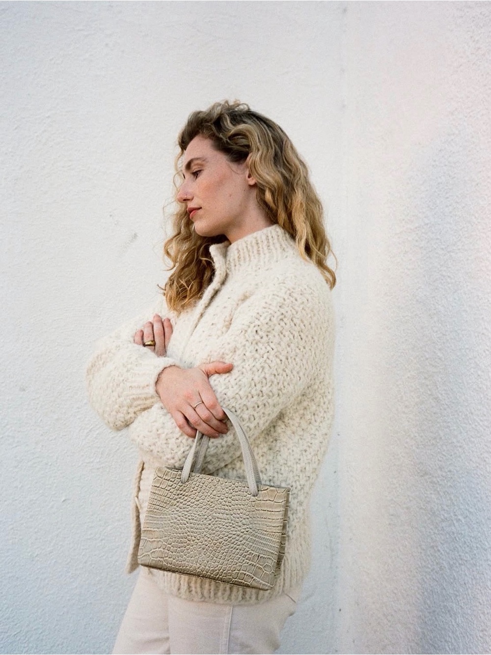 Marie Turnor Merci Mini Neutral Croc-Embossed Top-Handle Bag